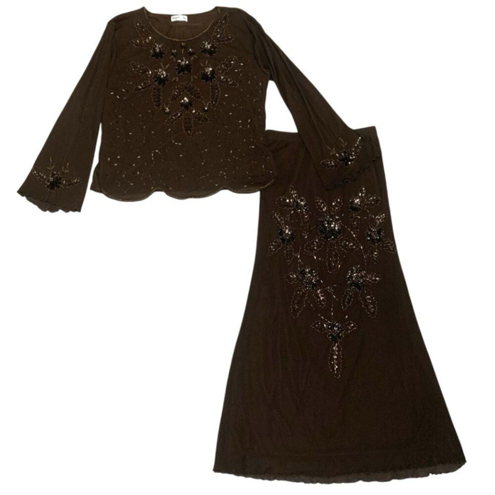 Y2K Mode Lia Skirt Set Brown Beaded Sequins Mesh Whimsigoth Fairycore 2pc Large